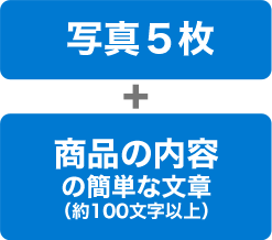 写真５枚+商品の内容の簡単な文章（約100文字以上）