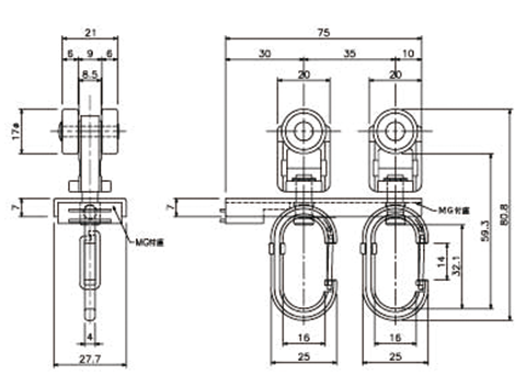 D40マグネットランナー(両開)ワンタッチランナーAタイプの寸法図-2