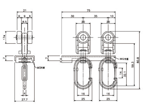 D40片マグネットランナー(片開)ワンタッチランナーAタイプの寸法図-2