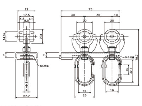 D40片マグネットランナー(片開)ワンタッチランナーSタイプの寸法図-2