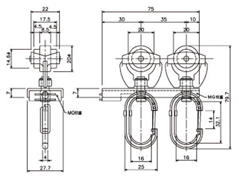 D40マグネットランナー(両開)ワンタッチランナーSタイプの寸法図-2