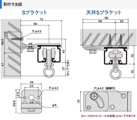 D40ブラケット取付間隔とカーテン適正重量表/D40取付寸法図(mm)
